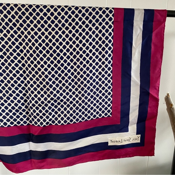Vintage Yves Saint Laurent Silk Scarf Square Pink Blue Diamond Pattern Logo - Picture 8 of 16